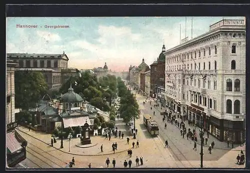 AK Hannover, Georgenstrasse mit Café Kröpcke und Strassenbahn