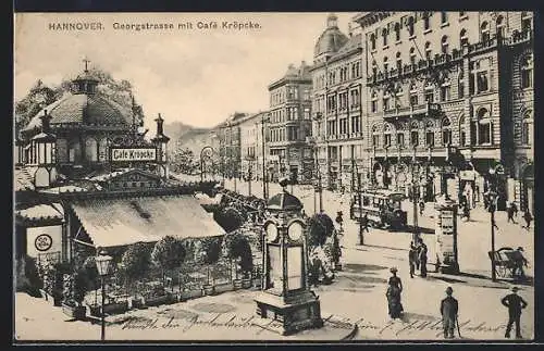 AK Hannover, Georgstrasse mit Cafe Kröpcke und Strassenbahn