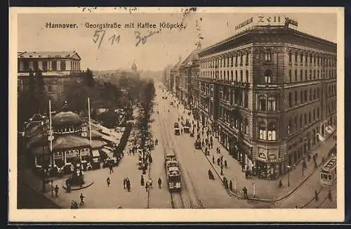 AK Hannover, Georgstrasse mit Cafe Kröpcke und Strassenbahn