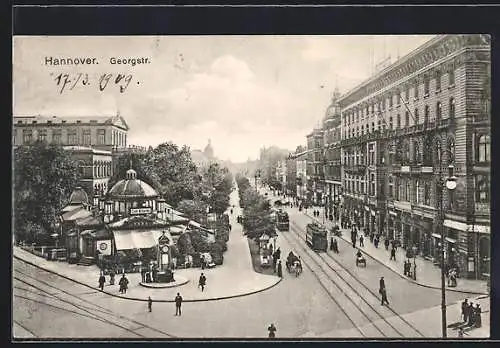 AK Hannover, Georgstrasse mit Cafe Kröpcke und Strassenbahn