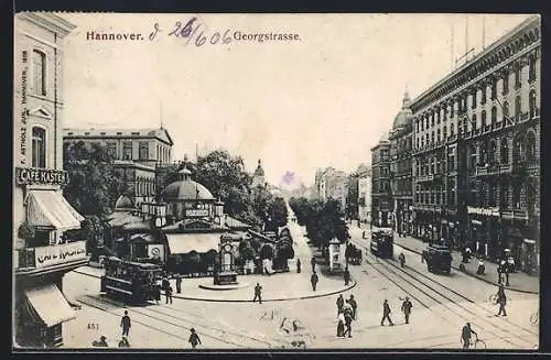 AK Hannover, Georgstrasse mit Cafe Kröpcke, Cafe Kasten und Strassenbahn