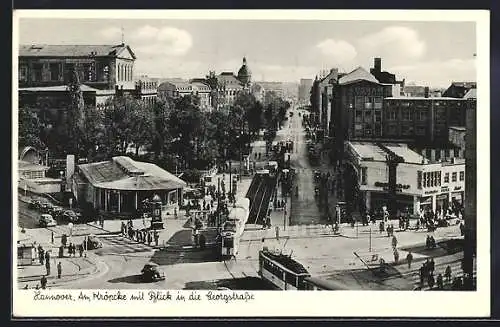 AK Hannover, am Kröpcke mit Blick in die Georgstrasse und Strassenbahnen