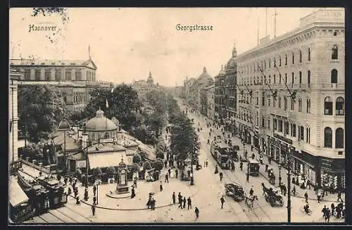 AK Hannover, Georgstrasse mit Cafe Kröpcke, Strassenbahn