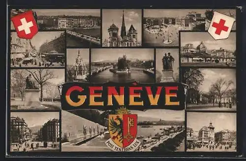 AK Geneve, Kathedrale, Brücke über die Rhone, Hafen, Wappen