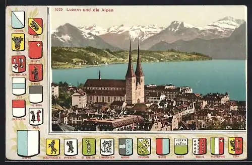 AK Luzern, Teilansicht mit Kirche und den Alpen, Wappen von Tessin, Bern und Glarus