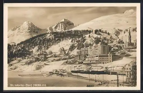 AK St. Moritz-Dorf, Blick auf die Ortschaft und die Berge