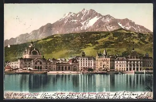 AK Luzern, Bahnhof und Pilatus