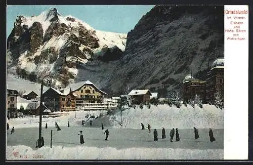 AK Grindelwald, Winterpartie mit Eisbahn, Hotel Bären und Wetterhorn