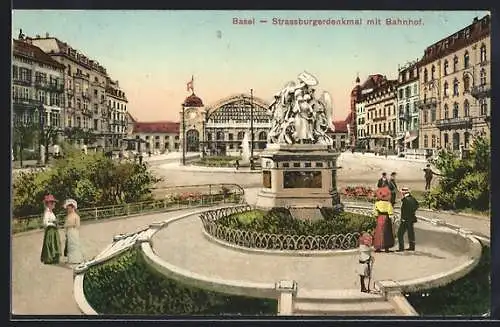 AK Basel, Bahnhof mit Strassburgerdenkmal