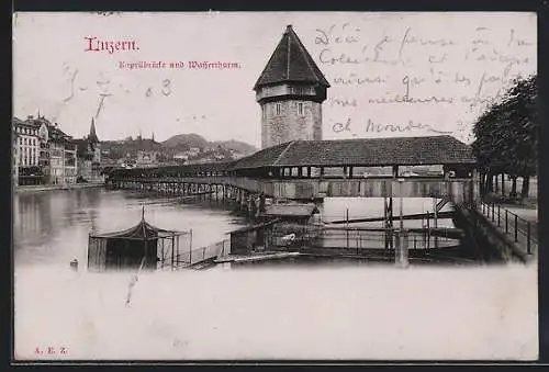 AK Luzern, Kapellbrücke und Wasserturm