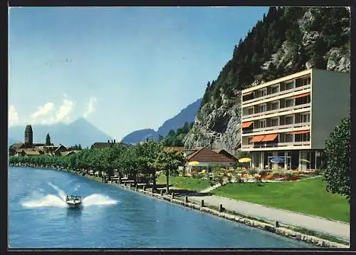 AK Interlaken, Hotel Goldey mit Garten und Uferpromenade aus der Vogelschau