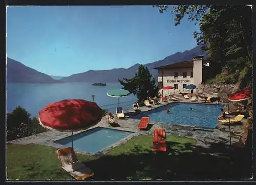 AK Ascona, Hotel Arancio mit Pools und Seeblick aus der Vogelschau