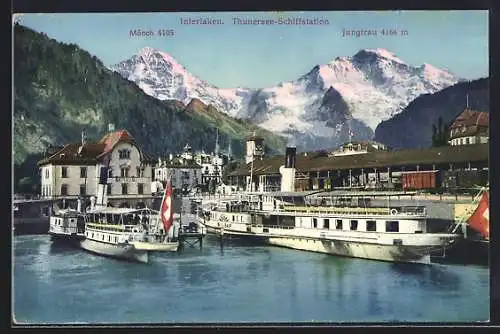 AK Interlaken, Thunersee-Schiffstsation mit Mönch u. Jungfrau