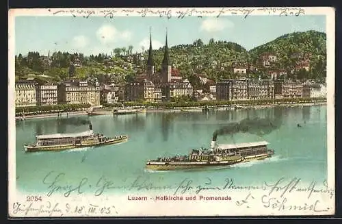 AK Luzern, Hofkirche und Promenade mit Dampfern aus der Vogelschau