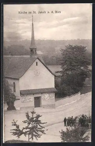 AK St. Jakob a. d. Birs, Kirche mit Strasse aus der Vogelschau