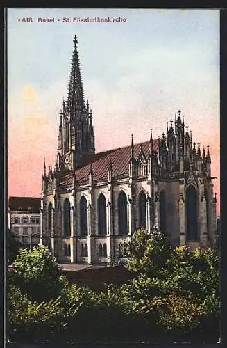 AK Basel, St. Elisabethenkirche aus der Vogelschau