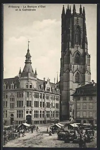 AK Fribourg, La banque d`etat et la cathédrale, Strassenbahn, Marktstände