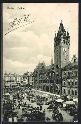 AK Basel, Rathaus mit Marktplatz aus der Vogelschau