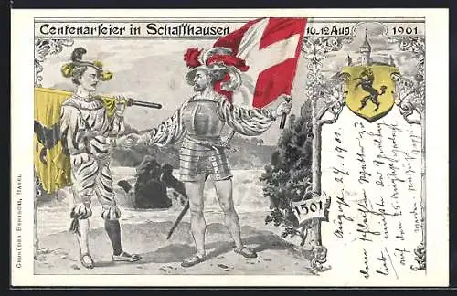 Lithographie Schaffhausen, Centenarfeier 1901, Schloss, Krieger mit Fahnen, Wappen