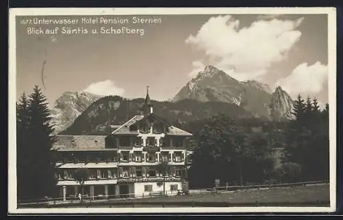 AK Unterwasser, Hotel Pension Sternen mit Blick auf Säntis und Schafberg