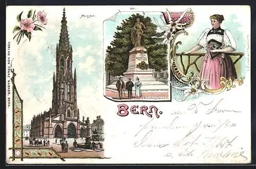 Lithographie Bern, Münster, Bubenberg-Denkmal, Bernerin in Tracht