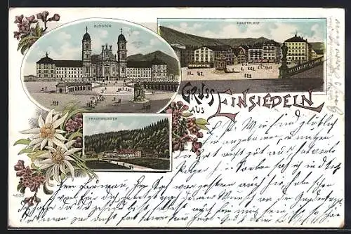 Lithographie Einsiedeln, Kloster, Hauptplatz, Frauenkloster