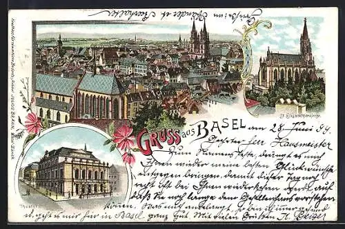 Lithographie Basel, Totalansicht, Theater, St. Elisabethenkirche