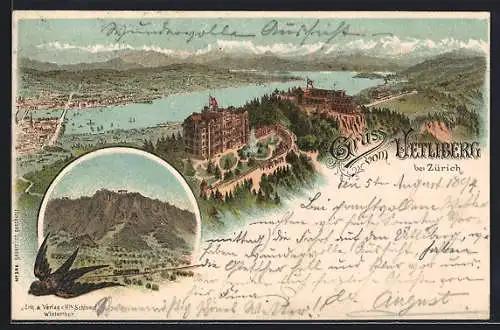 Vorläufer-Lithographie Uetliberg bei Zürich, 1894, Panorama mit Hotel, Schwalbe über Eisenbahn