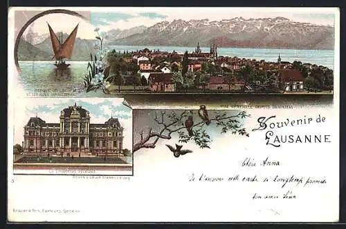 Lithographie Lausanne, Le Tribunal Federal, Vue general depuis Beaulieu