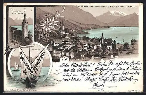 Lithographie Montreux, Eglise de Montreux, Panorama et la Dent du Midi, Barque. Edelweiss