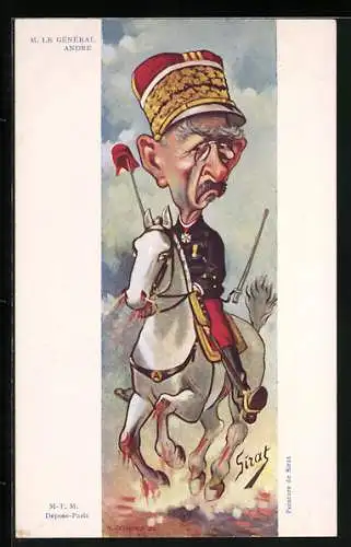 AK M. Le General Andre reitet auf Pferd in Uniform, Karikatur Frankreich