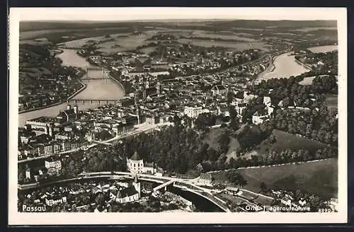 AK Passau, orig. Fliegeraufnahme der Stadt