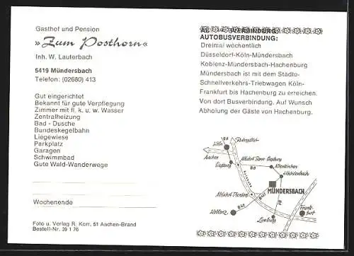 AK Mündersbach /Westerwald, Gasthof-Pension Zum Posthorn mit Gaststube und Kegelbahn, Inh. W. Lauterbach