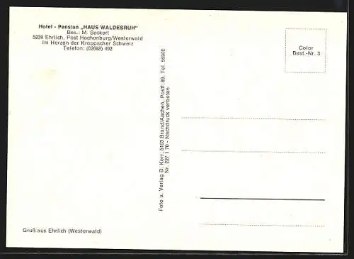 AK Ehrlich /Hachenburg, Hotel-Pension Haus Waldesruh v. M. Seckert