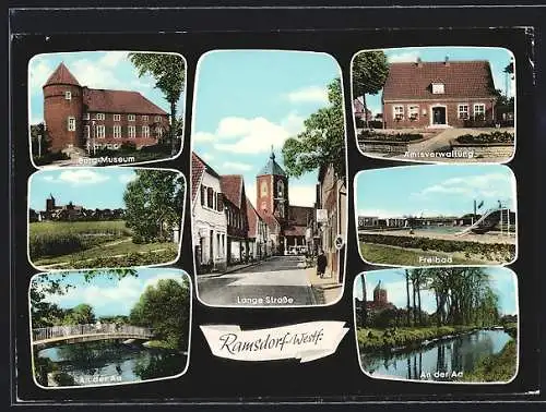 AK Ramsdorf /Westf., Lange Strasse, Burg-Museum, Amtsverwaltung, Freibad, Aa-Partie