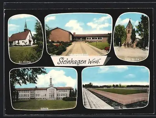 AK Steinhagen /Westf., Joh. Busch-Haus, Kath. und Ev. Kirchen, Schule, Sportzentrum