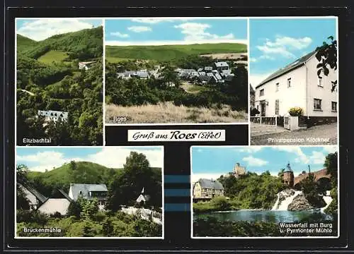 AK Roes /Eifel, Privatpension Klöckner, Brückenmühle, Eltzbachtal, Wasserfall mit Burg und Pyrmonter Mühle
