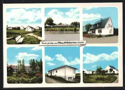 AK Nachtsheim /Eifel, Gemischtwaren Anna Schilling, Blick zur Schule, Ortspartien