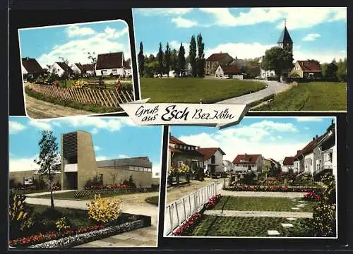 AK Esch / Eifel, Kirche, Gartenpartie in Neubausiedlung, Ortsansicht