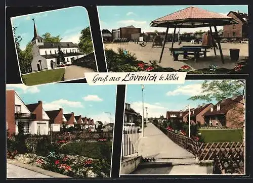 AK Lövenich b. Köln, Die Kirche, Spielplatz, Reihenhaussiedlung