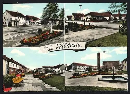 AK Mödrath, Restaurant Jägerhof, Neubausiedlung, Brunnen und Kirche