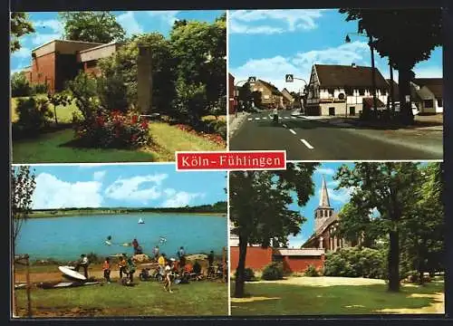 AK Köln-Fühlingen, Blick zur Kirche, Ehrenmal, Strandpartie