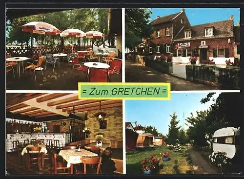 AK Köln-Kasselberg, Gaststätte Zum Gretchen v. M. Bast, mit Innenansicht und Terrasse