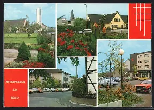 AK Niederkassel am Rhein, Partie in der Niessengasse, Blick zur Kirche, Kreissparkasse