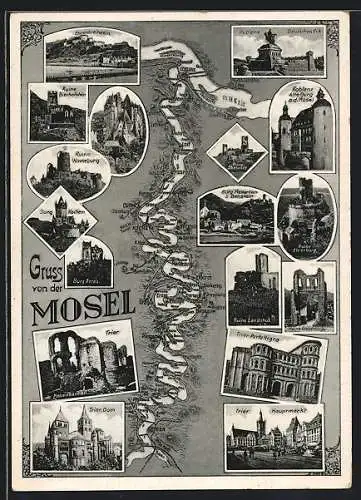 AK Trier, Dom, Kaiserthermen, Hauptmarkt, weitere Orte an der Mosel, Landkarte