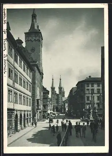 AK Würzburg, Domstrasse - Grafeneckardturm und Vierröhrenbrunnen