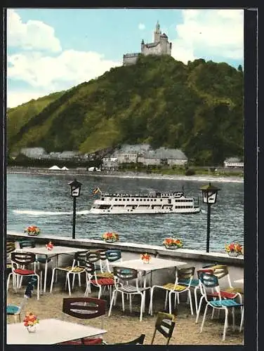 AK Niederspay a. Rh., Hotel Marksburg M. Sander, Blick von der Terrasse zur Burg