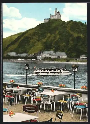 AK Niederspay a. Rh., Hotel Marksburg M. Sander, Blick von der Terrasse auf Rhein u. Burg