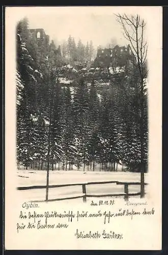 AK Oybin, Blick zur Burgruine im Schnee