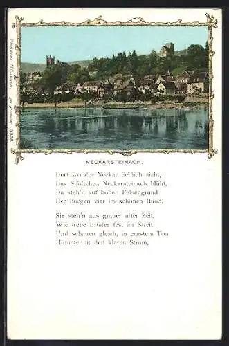 AK Neckarsteinach, Ortsansicht vom Neckar aus, Gedicht